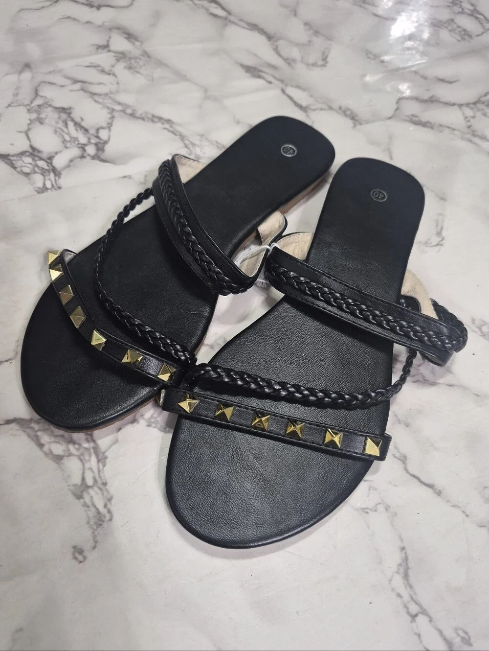 Black Studded Braided Slide Sandals